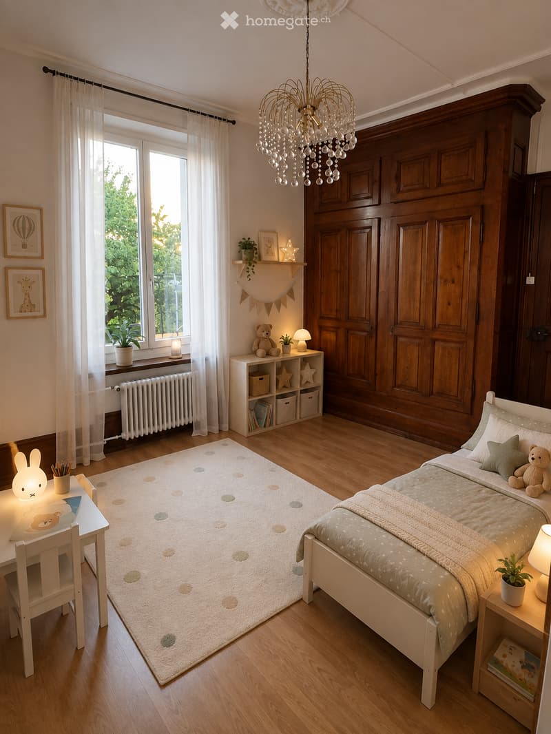 Cozy children's bedroom with a white wooden bed, nightstand, small desk with a lamp, and a plush toy on the bed. The room features wooden flooring, large windows with white curtains, and decorative shelves with books and plants.