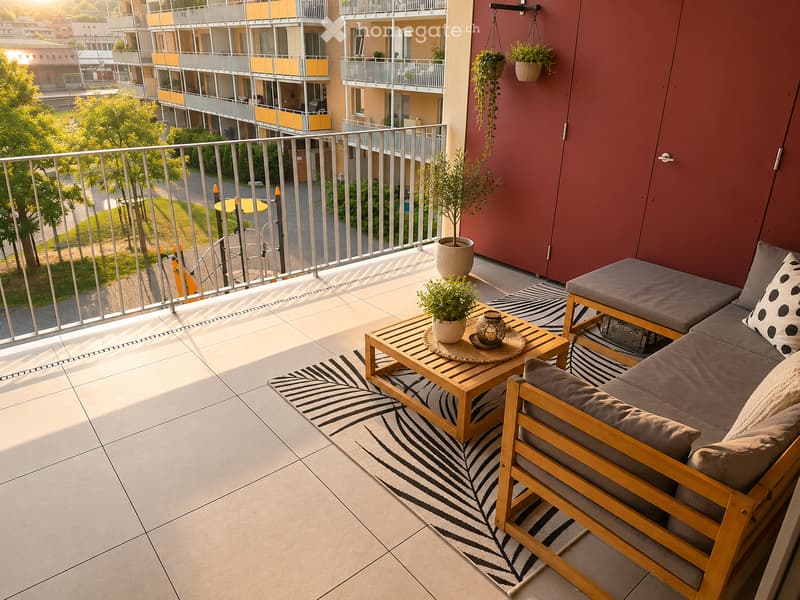 Balcony with a wooden sofa, coffee table, potted plants, and a striped rug.
