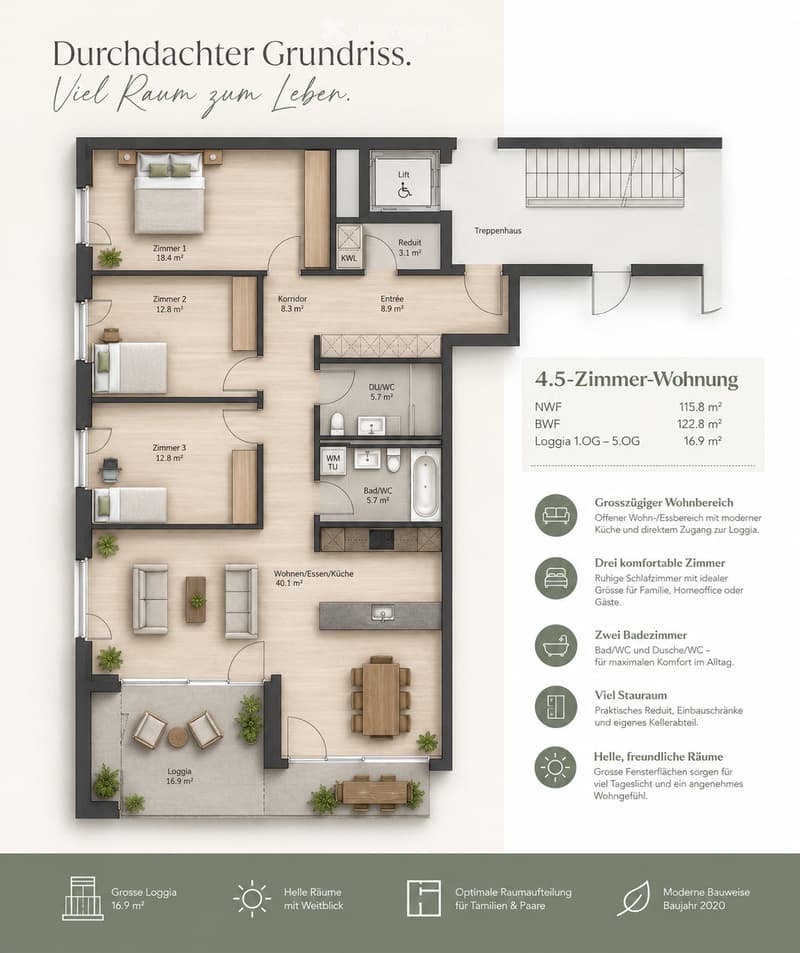 Floor plan of a 4.5-room apartment with living/dining area, kitchen, three bedrooms, two bathrooms, and a loggia.