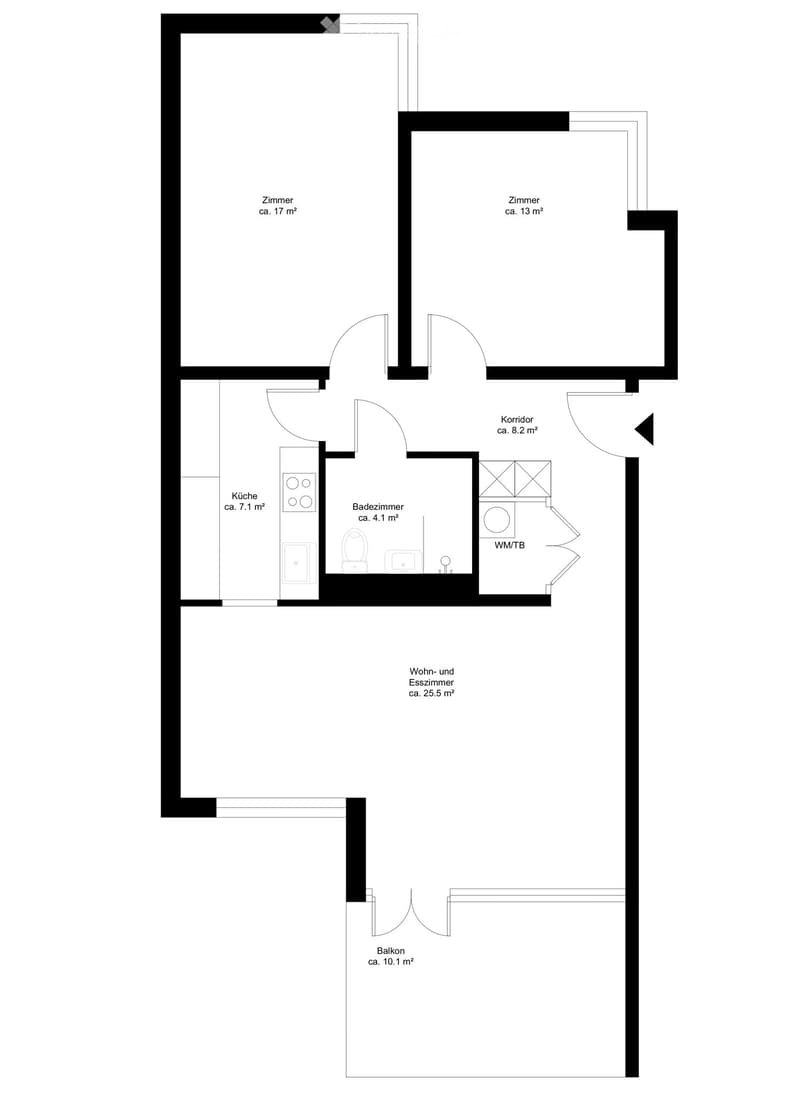 2 bedrooms, kitchen, bathroom, living and dining room, balcony