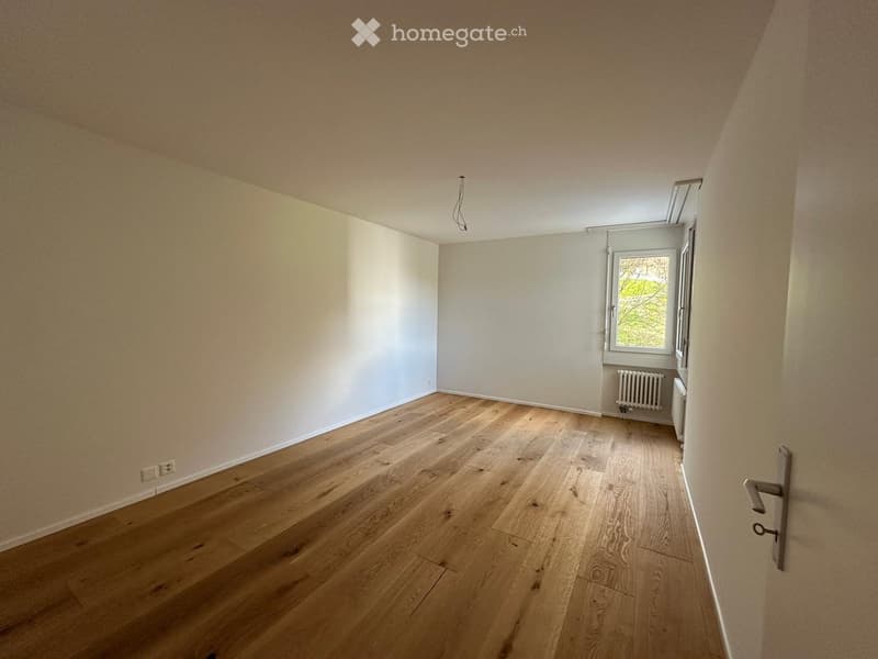 empty room, wooden floor, white walls, window, radiator