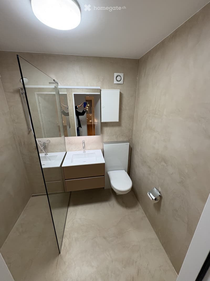 modern bathroom with glass shower, white sink, white toilet, mirror, beige walls