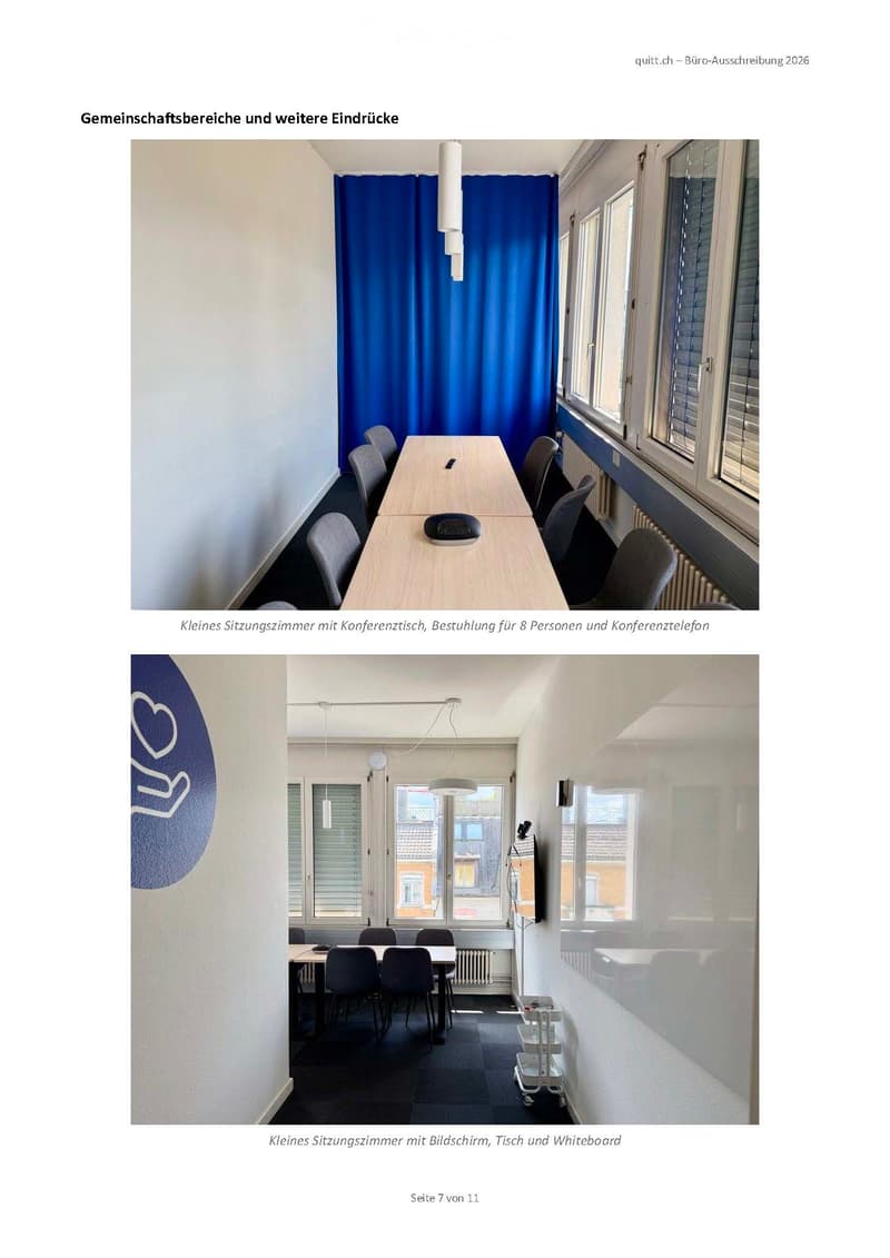 Small meeting room with a long conference table, chairs, a screen, and a whiteboard. Large windows with blinds and a radiator are visible.