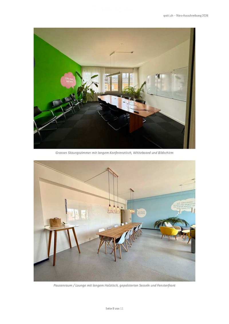Modern office space with a long conference table, chairs, a whiteboard, and a large screen. Green accent wall and plants add a touch of nature.