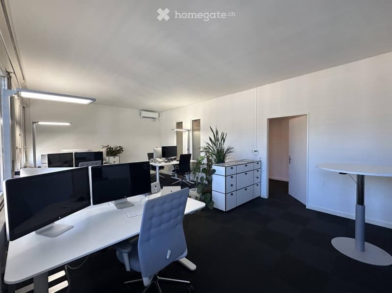 Modern office space with white desks, computer monitors, ergonomic chairs, a round table, and potted plants.