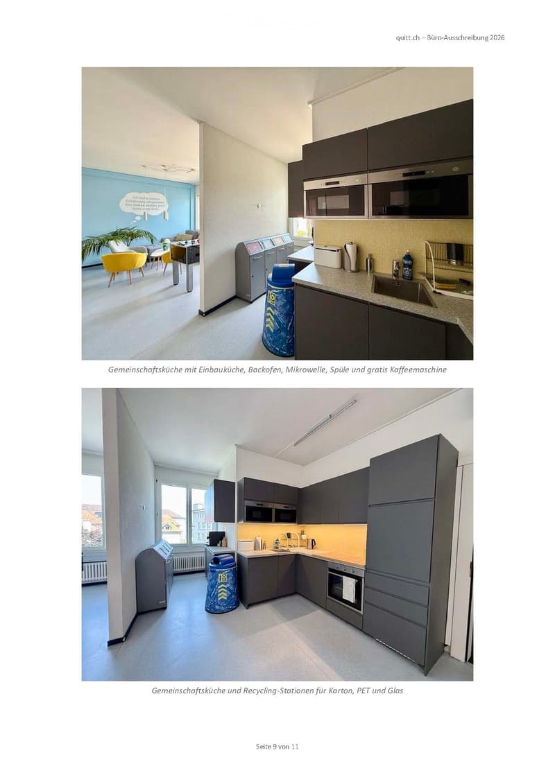 Modern kitchen with dark cabinets, stainless steel appliances, and a light-colored countertop. Includes a microwave, oven, refrigerator, and recycling bins.