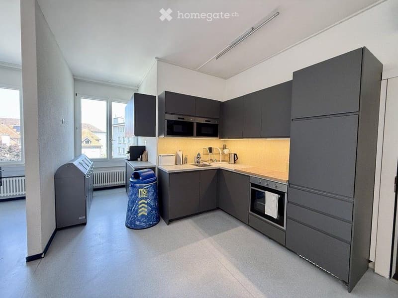 Modern kitchen with grey cabinets, stainless steel appliances, and a light-colored countertop. Features a sink, microwave, oven, and trash bin.