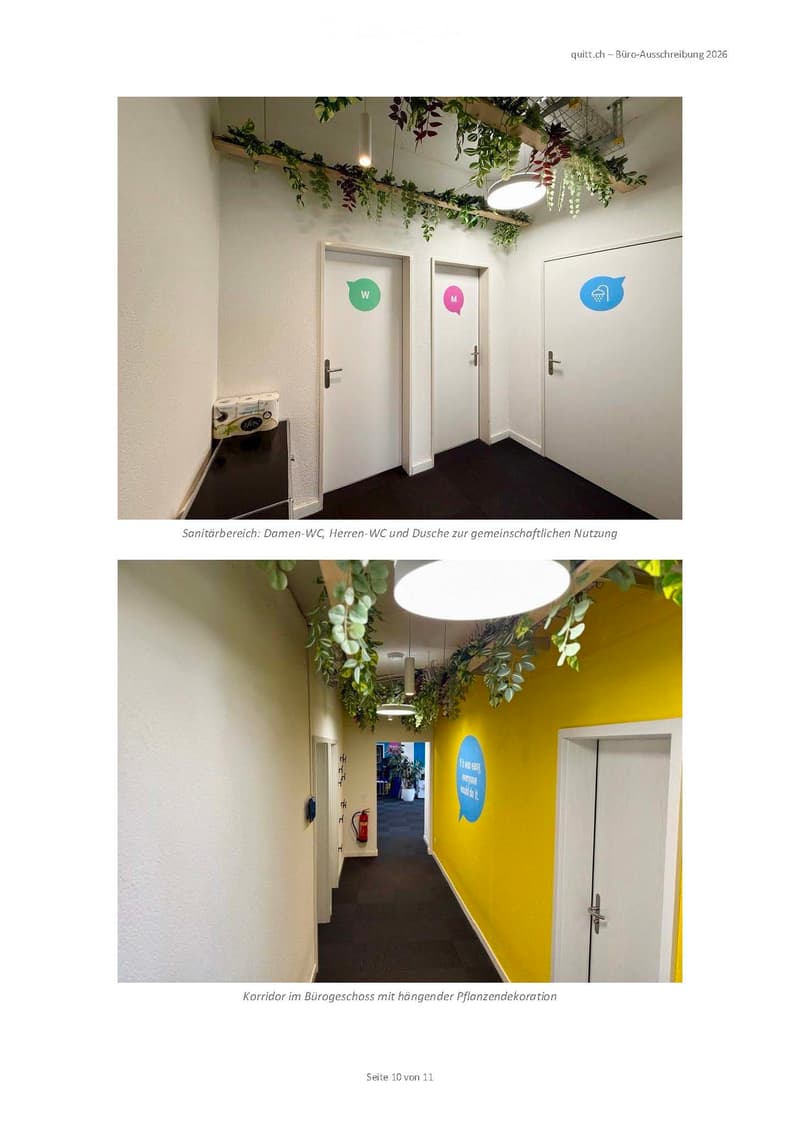 Modern hallway with white walls, dark carpeted floor, decorative hanging plants, and three doors labeled with symbols. One door has a red fire extinguisher nearby.