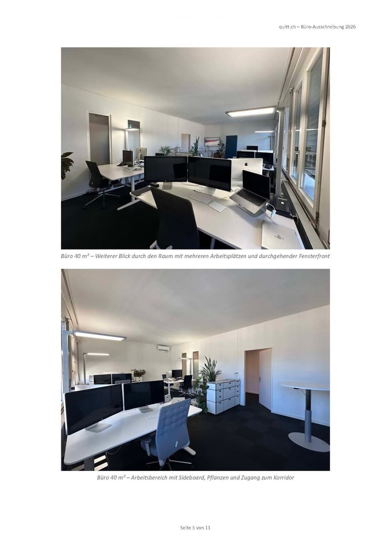Modern office space with multiple workstations, desks, chairs, laptops, monitors, keyboards, mice, and plants.