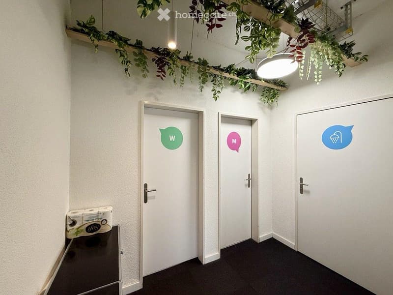 A clean, modern hallway with three doors labeled for women's, men's, and shower facilities, decorated with hanging plants and a shelf with toilet paper.