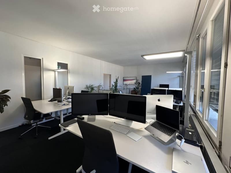 Modern office space with white desks, ergonomic chairs, multiple monitors, laptops, keyboards, and plants.