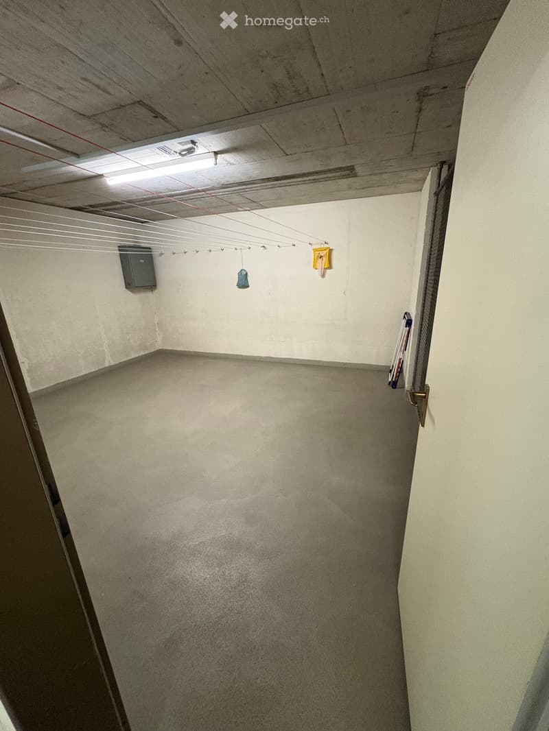 Storage room, concrete floor, gray walls, hanging wires, gray door, and a door on the left
