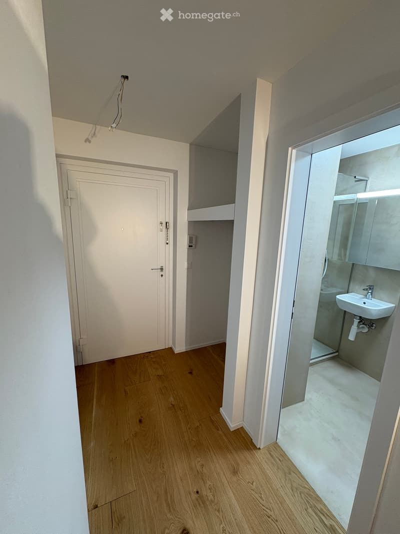 Wooden floor, white walls, shower room