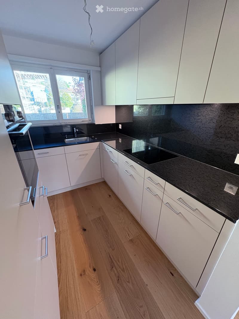 modern kitchen with white cabinets, black granite countertops, wooden floor, stainless steel sink, faucet, window