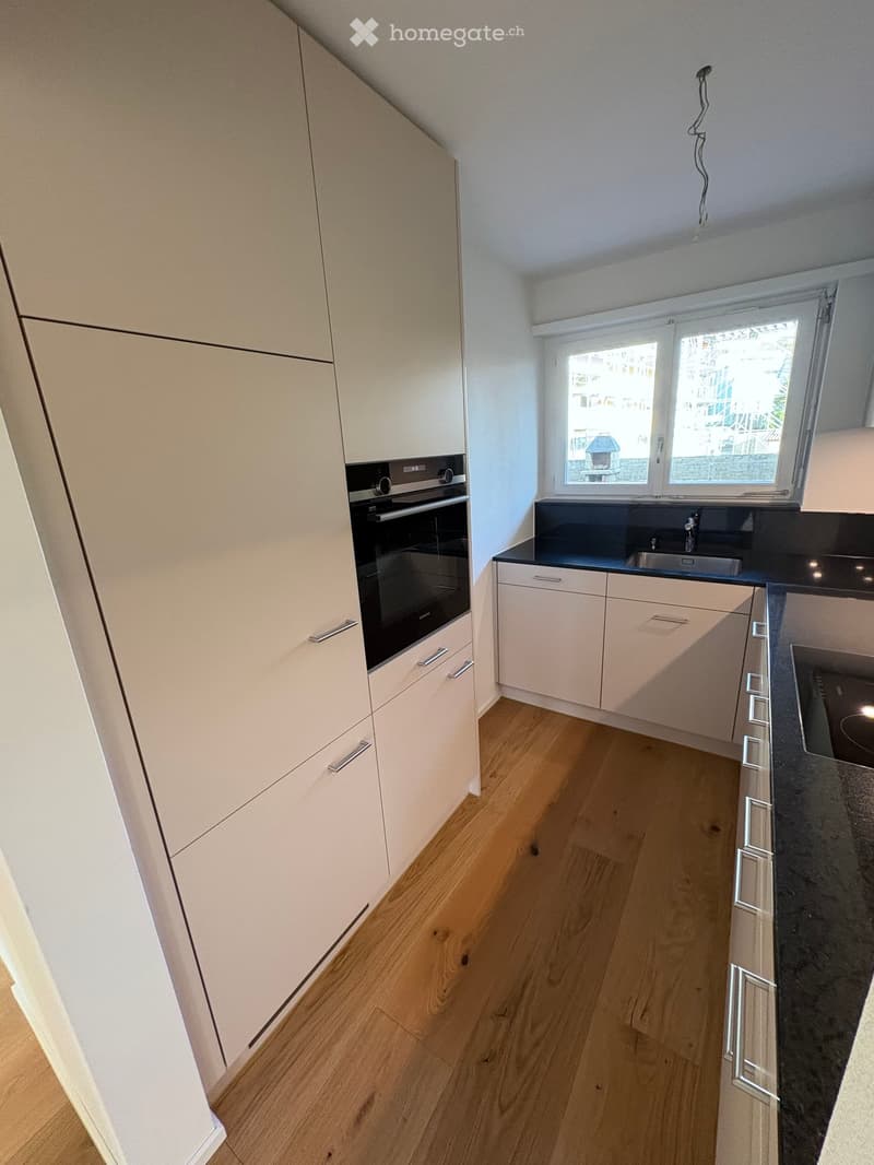 modern kitchen with large oven, white cabinets, wooden floor, window with view