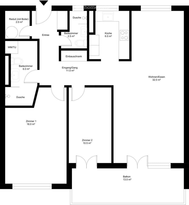 two rooms, 2 bathrooms, kitchen, living room, entrance, balcony