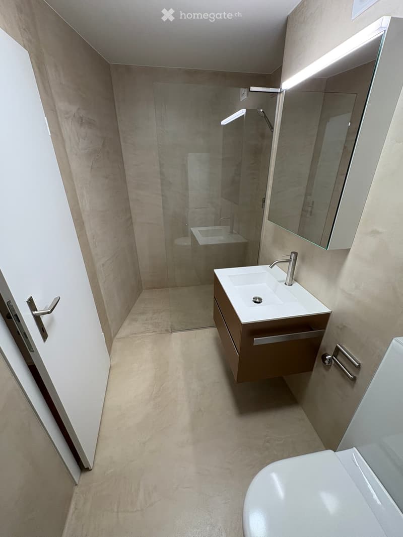 white tiles, glass shower stall, wooden cabinet, white sink, silver faucet, mirror, white toilet