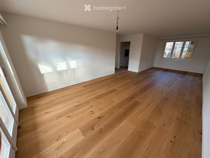 empty room, wooden floor, white walls, windows, door