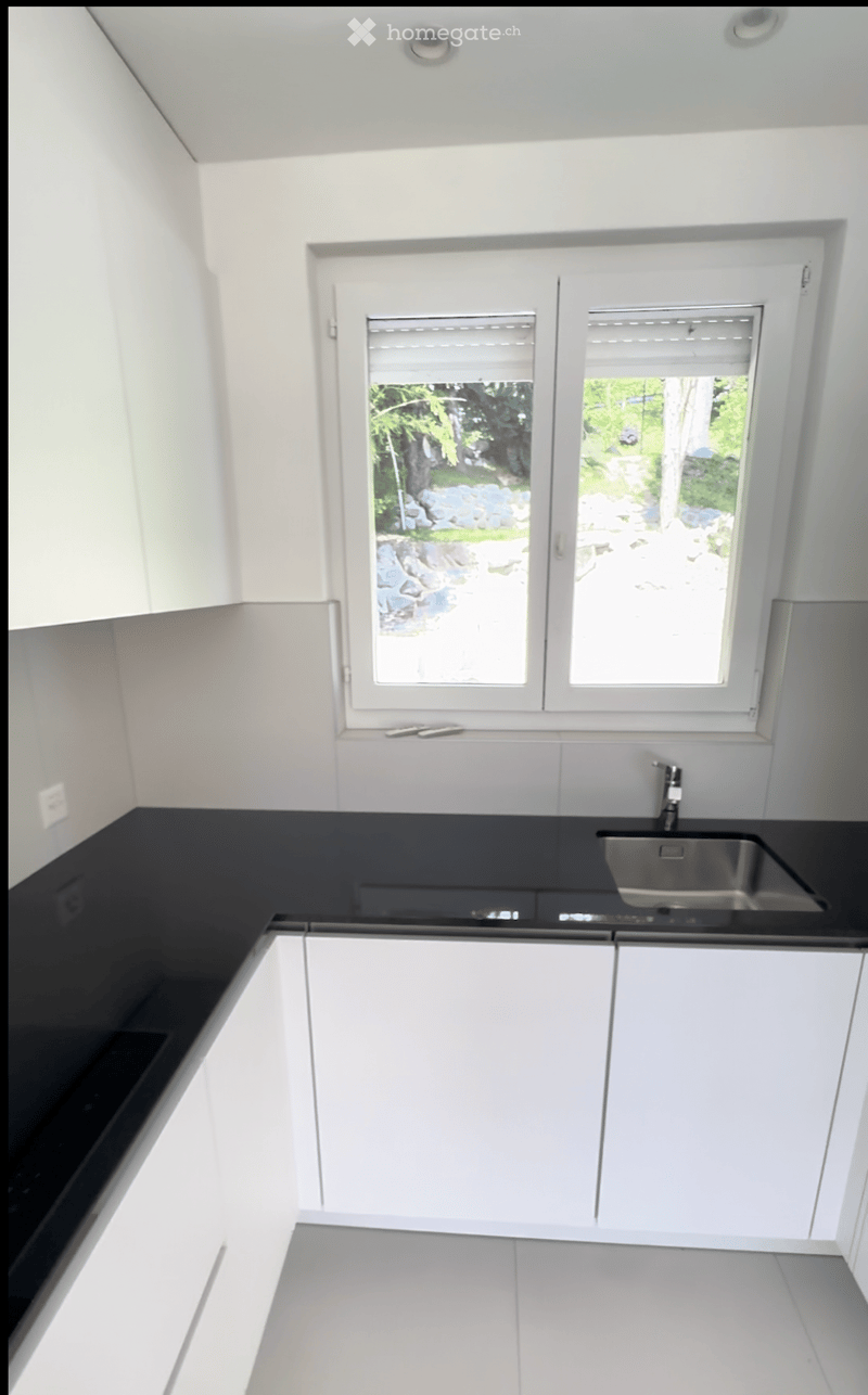 Modern kitchen with white cabinets, black countertops, and a stainless steel sink. Large windows provide natural light and a view of the outdoor area.