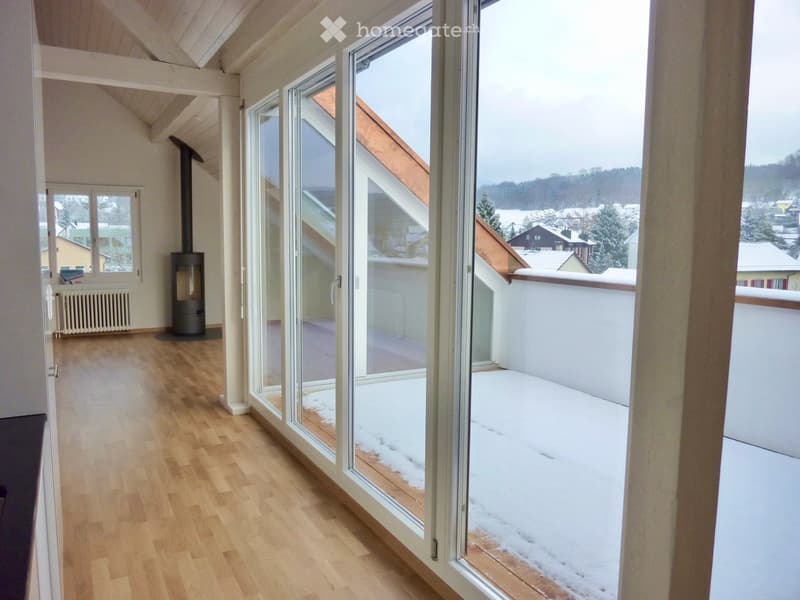Bright, open room with wooden flooring, large windows, and a view of a snowy landscape. Features a modern wood-burning stove and a radiator.