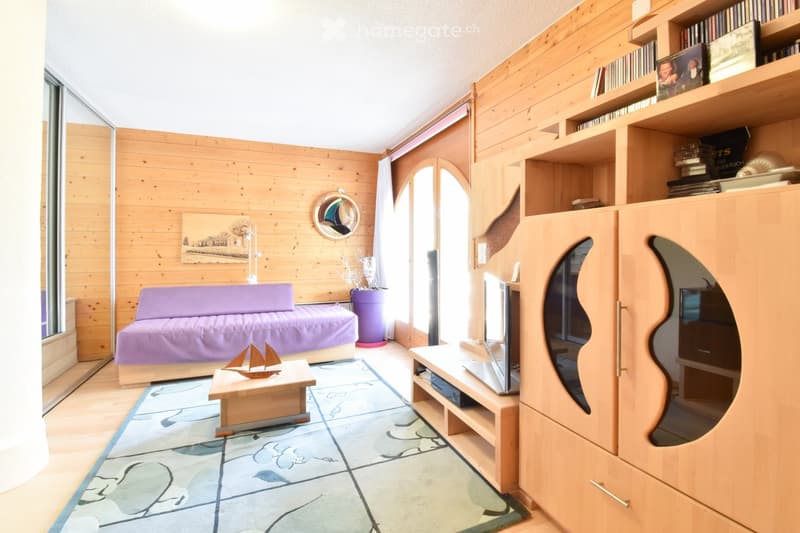 Cozy living room with wooden walls, a purple sofa, a coffee table with a model sailboat, a TV stand with a laptop, a bookshelf, and a decorative mirror on the wall.