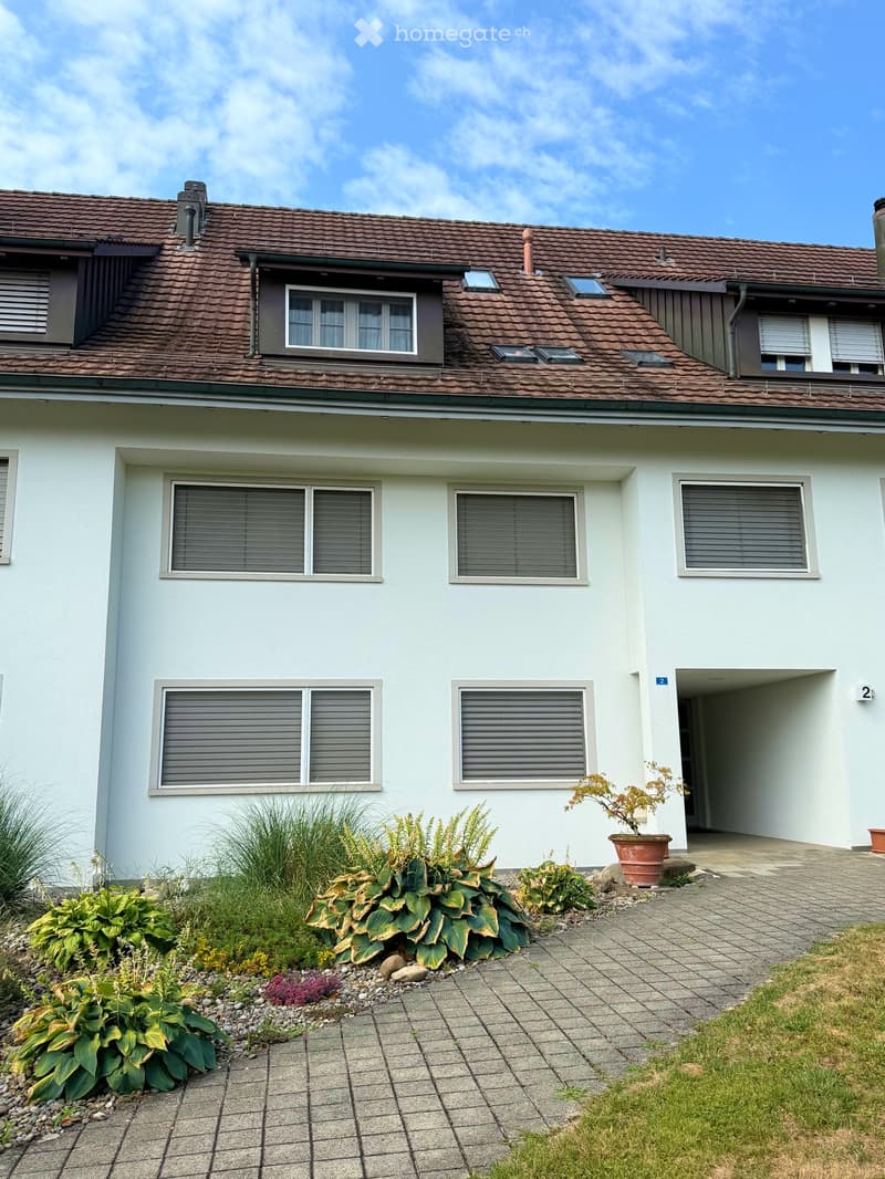 Two-story house with white exterior, brown tiled roof, multiple windows with shutters, and a well-maintained garden with plants and a potted tree.
