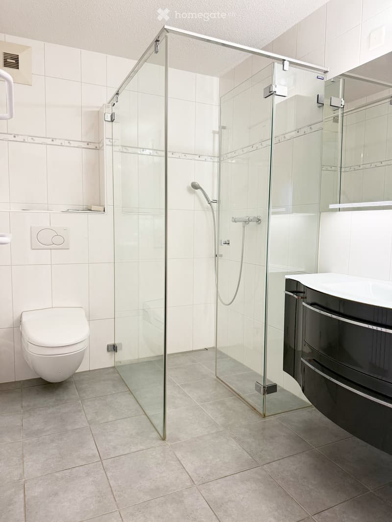 Modern bathroom with white tiles, a glass-enclosed shower, a toilet, and a sink with a dark cabinet.