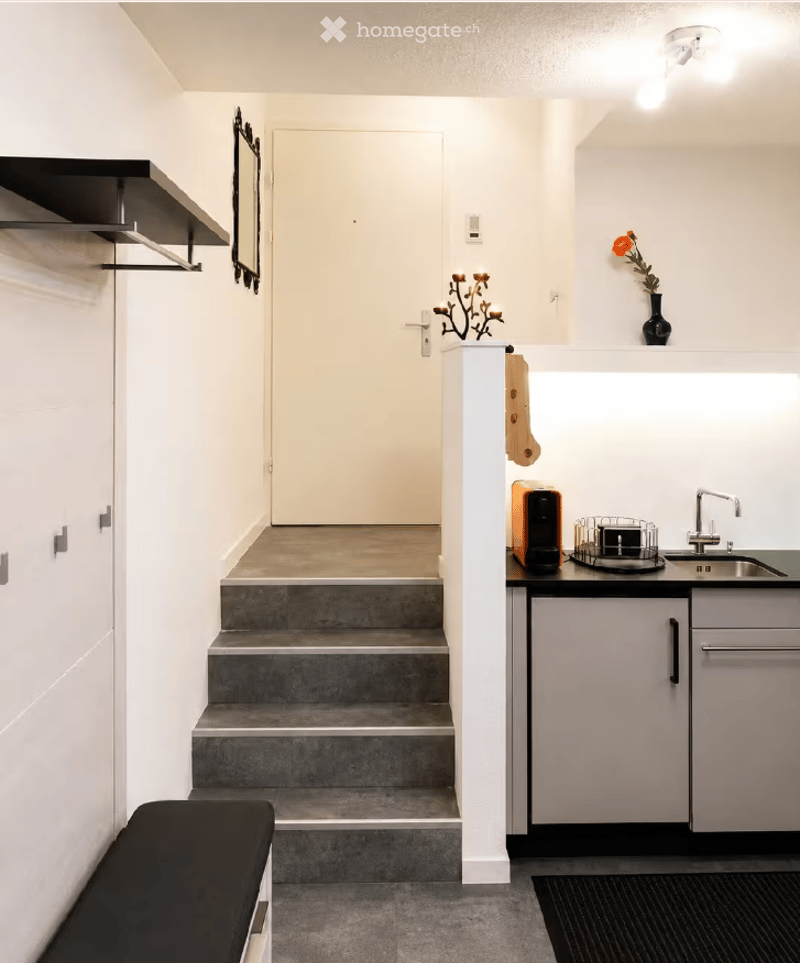 Modern hallway with raised concrete steps leading to a door, white walls, built-in shelving, and a small kitchen area with sink and countertop.