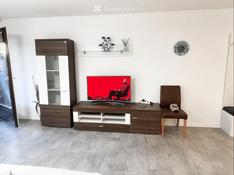 Modern living room with a large TV on a wooden stand, a brown leather chair, a wardrobe, and a glass shelf with decorative items.