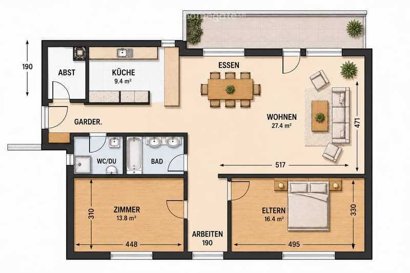 Floor plan of a 3-room apartment with kitchen, living room, bedroom, bathroom, and hallway.