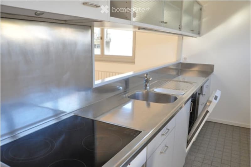 Modern kitchen with stainless steel surfaces, induction cooktop, sink, and built-in cabinets.