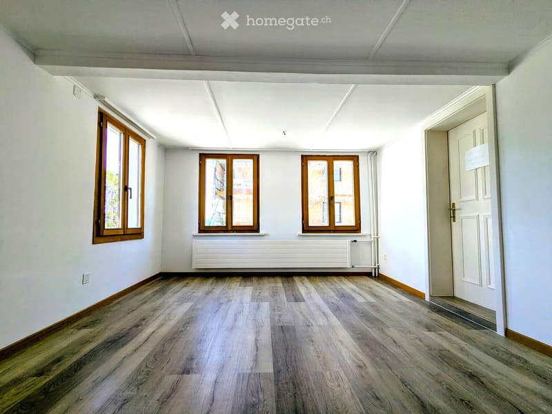 Empty room with light wooden flooring, white walls, and multiple windows with wooden frames. A radiator is visible below one window, and a door is on the right side.