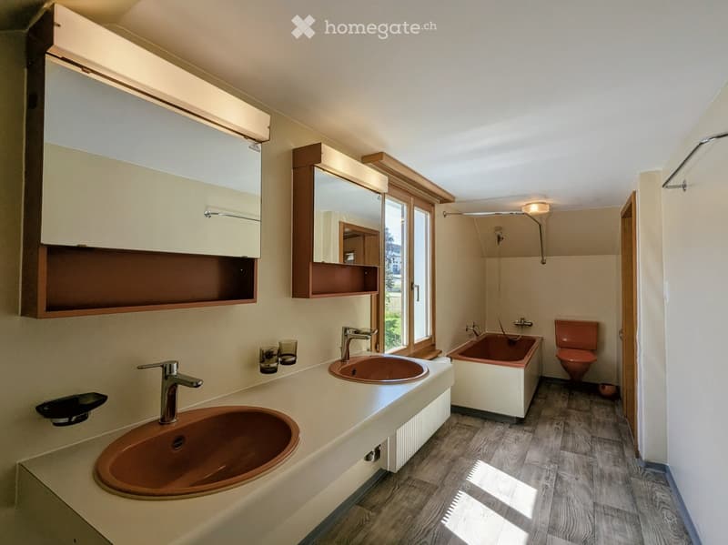 Modern bathroom with two sinks, a bathtub, a toilet, and a large window providing natural light. Features include wooden shelves, a built-in mirror, and a sleek faucet design.