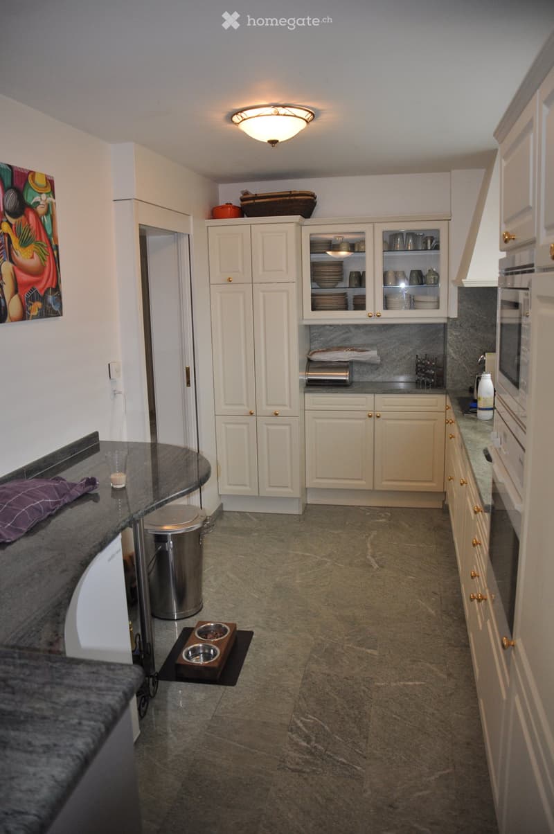 Modern kitchen with white cabinets, granite countertops, stainless steel appliances, and a pet feeding area.