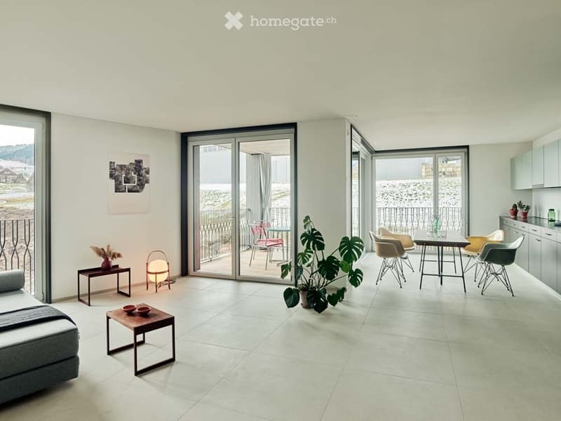 modern design, large windows, balcony, white walls, white floor, modern furniture, plants, artwork