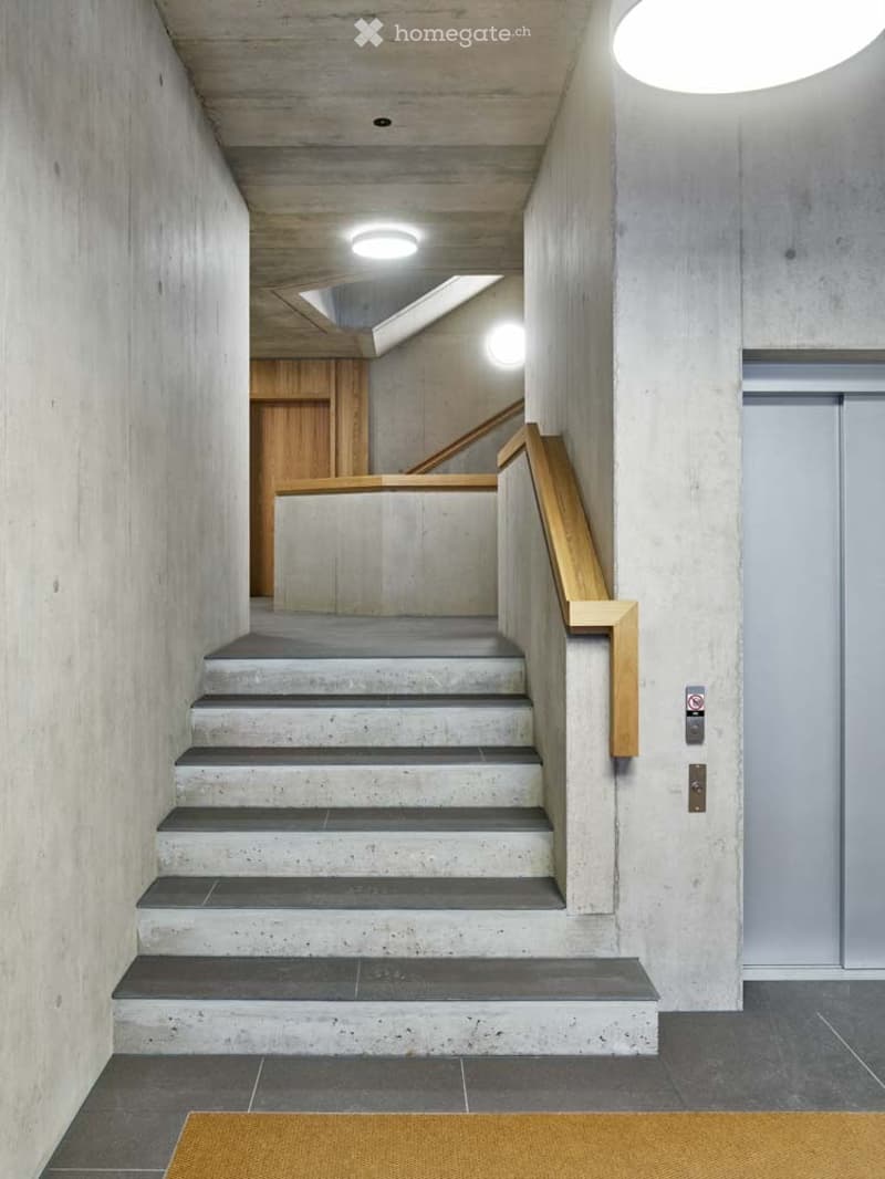 Concrete walls, concrete stairs, wooden handrail, elevator, carpet
