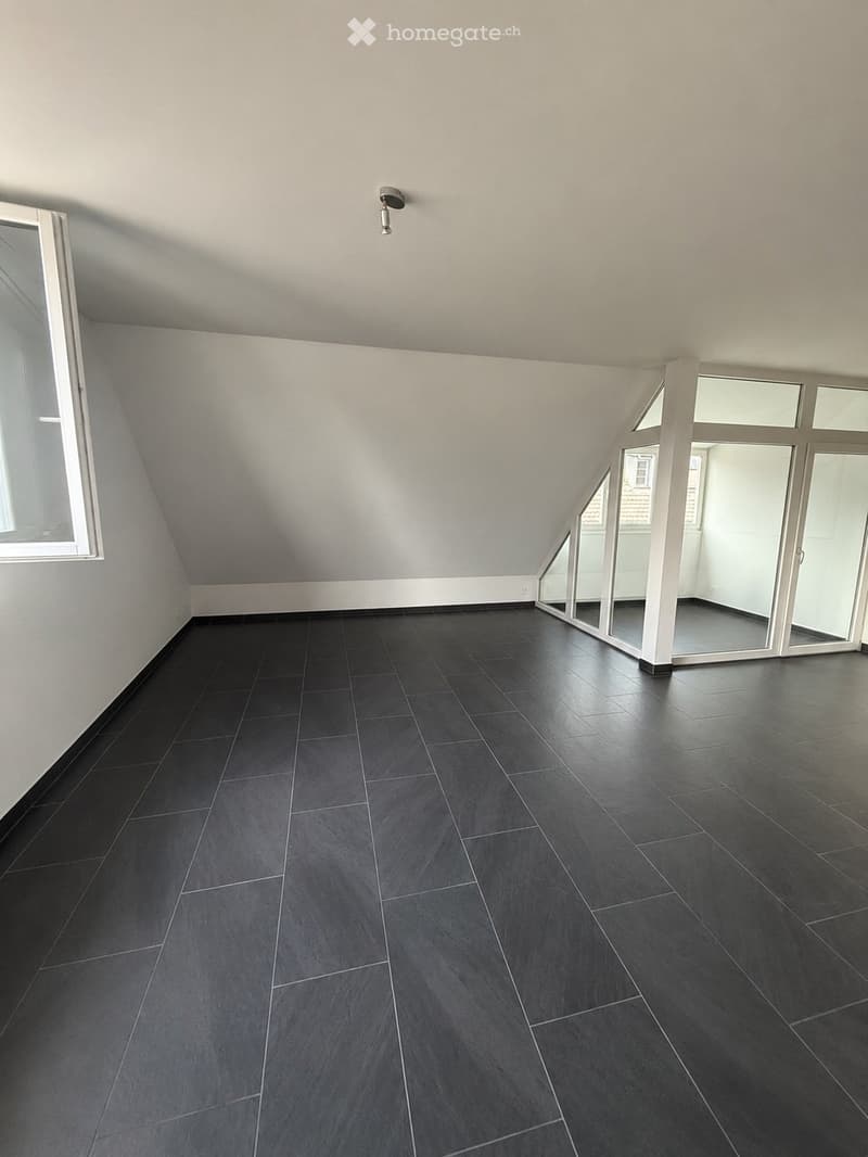 Empty room with dark grey tiled flooring, white walls, and large windows with white frames. The ceiling has a modern light fixture.