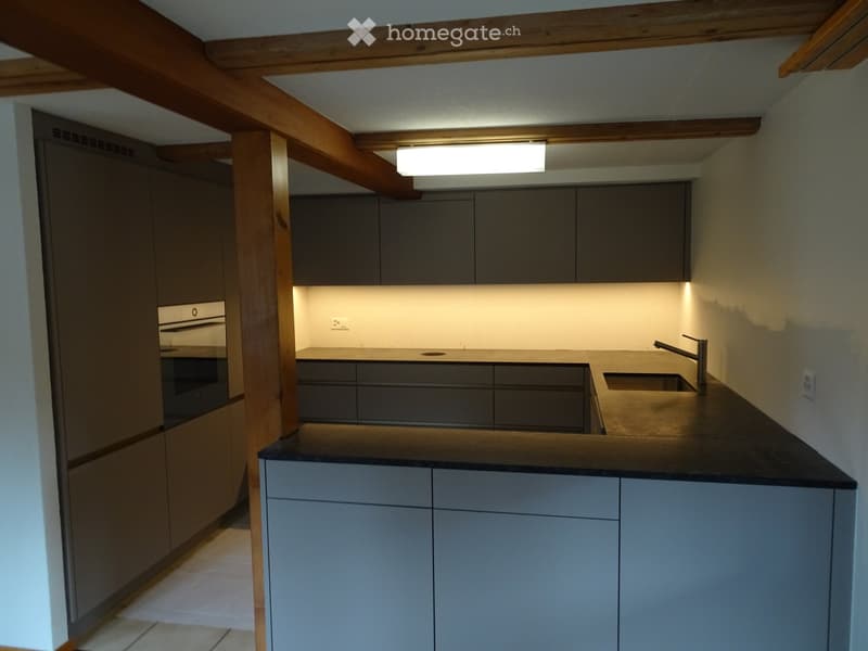 Modern kitchen with grey cabinets, dark countertops, and built-in appliances, including an oven and sink with a modern faucet.