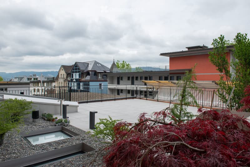 Multi-story building with a mix of architectural styles, including a red brick facade, glass windows, and slanted roofs. There is a balcony or terrace visible on the upper floors. The building is surrounded by lush greenery, including red Japanese maple t
