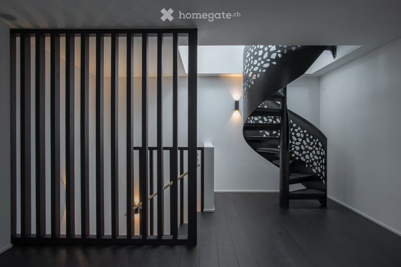 The image shows a modern interior with a black metal railing dividing the space. There is a spiral staircase with a patterned design visible in the background. The floor is dark hardwood and the walls are white. The lighting fixtures on the railing add a