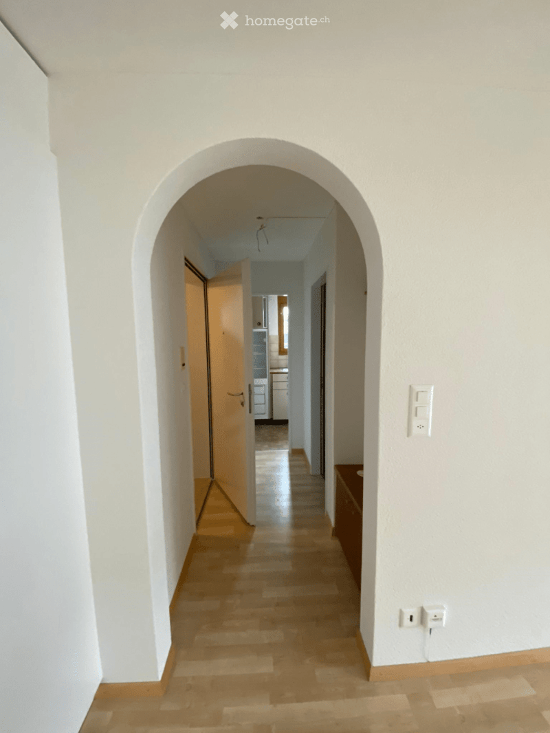 Empty hallway with wooden flooring, white walls, and an arched doorway leading to another room.