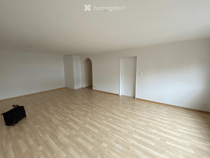 Empty room with light wooden flooring, white walls, and two doors (one arched). A single black bag is placed near the left wall.