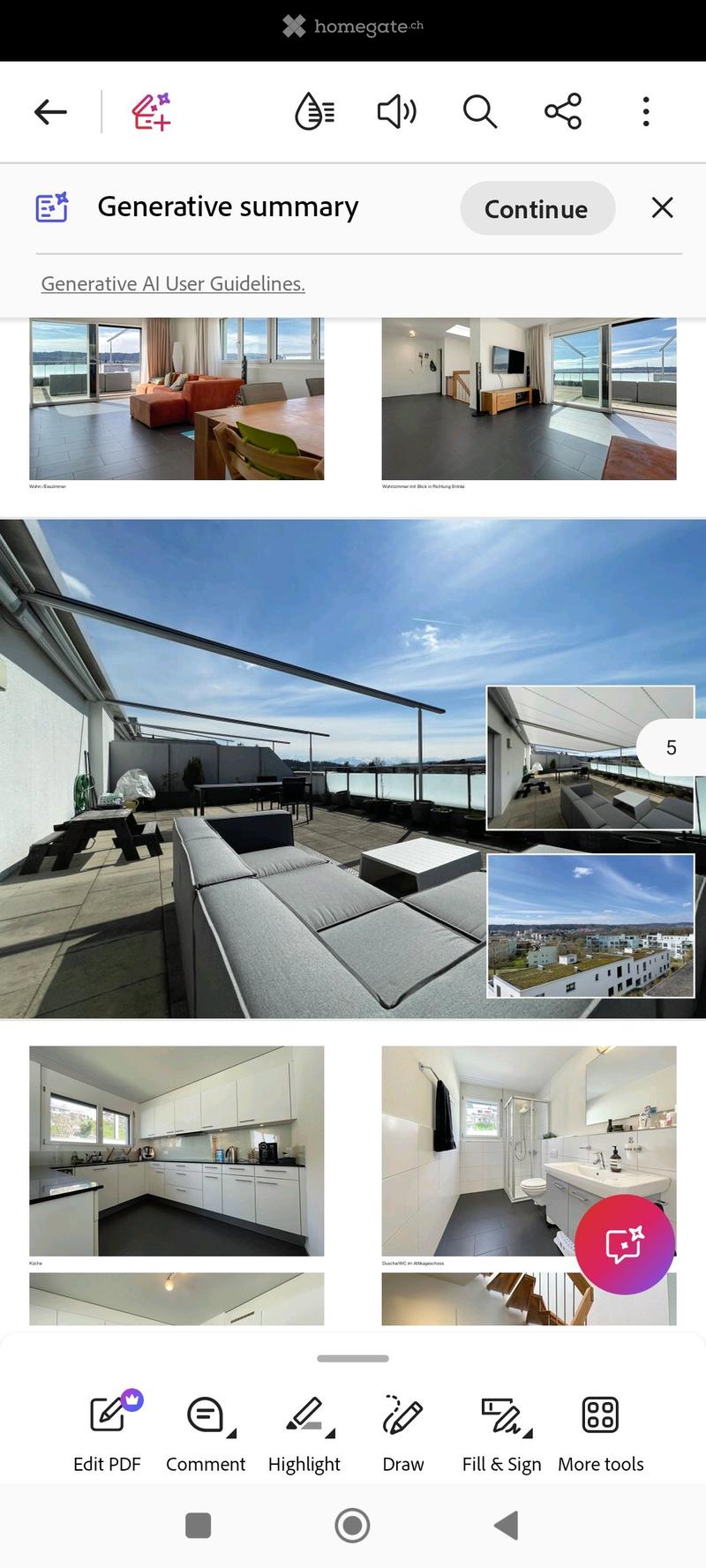 The image shows a collage of real estate property photos, including a living room with a sofa and table, a kitchen with cabinets and a sink, a bathroom with a toilet and mirror, and a balcony with outdoor furniture.