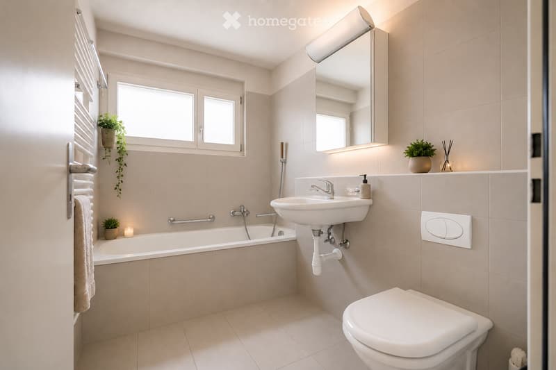 Modern bathroom with a bathtub, sink, toilet, mirror, towel, and small plants on the windowsill and shelf.