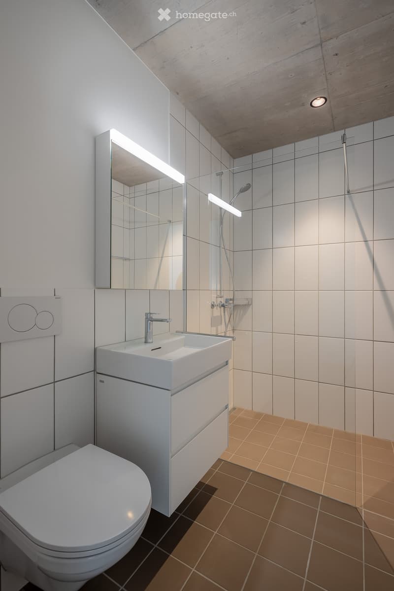 Modern bathroom with white tiles, a white sink, a toilet, a shower area with a glass enclosure, and built-in storage cabinets.