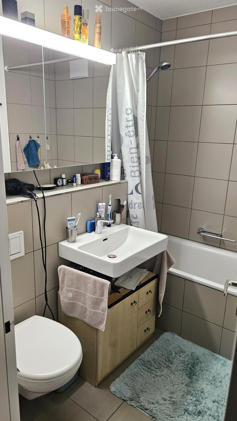 Modern bathroom with a white sink, faucet, toilet, mirror, and a bathtub with a shower curtain. A towel hangs on a rack, and a fluffy bath mat is placed in front of the bathtub. Various toiletries are visible on the sink counter and shelves.