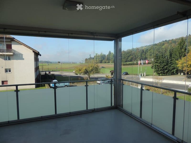 Spacious balcony with glass railings, offering a scenic view of a rural landscape, fields, and a neighboring building.