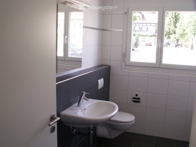 Modern bathroom with white tiles, a white sink with a chrome faucet, a toilet, and a large mirror above the sink. The room has large windows offering a view of the street.