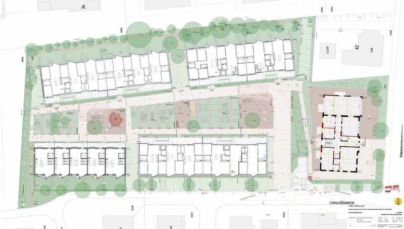 Various sections of a residential building plan are shown with details on the number of floors, green spaces, parking areas, and building layout.