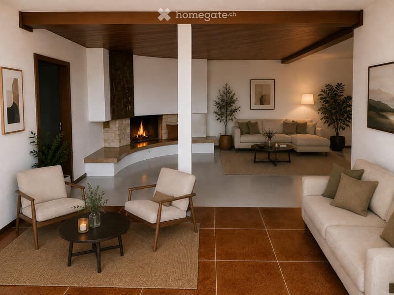 Modern living room with a fireplace, beige sofa, armchairs, coffee tables, and floor lamp.